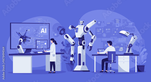 Futuristic lab with artificial intelligence and robotics in modern workplace