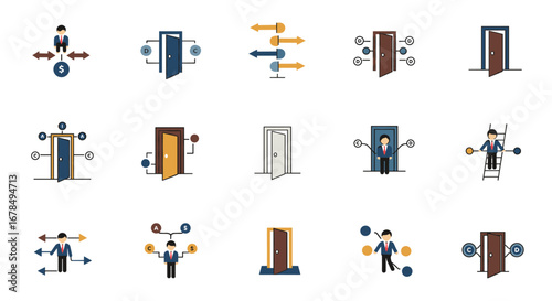 Business decision making concept with doors and arrows icons