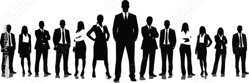 Silhouettes of diverse business professionals in formal attire standing together, vector illustration for corporate teamwork, leadership, diversity, and professional workplace themes