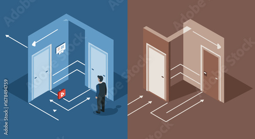 Decision-making dilemma: isometric pathways and choices in blue and brown
