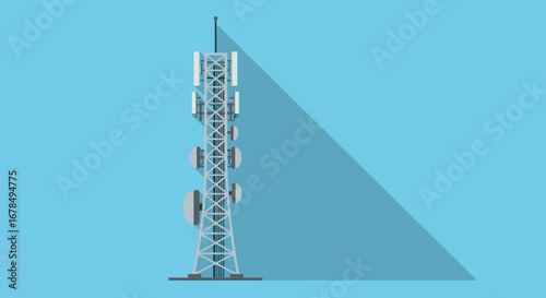 Flat design telecommunication tower with long shadow on blue background