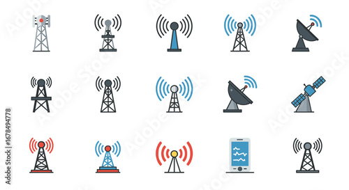 Telecommunication and wireless network icons set