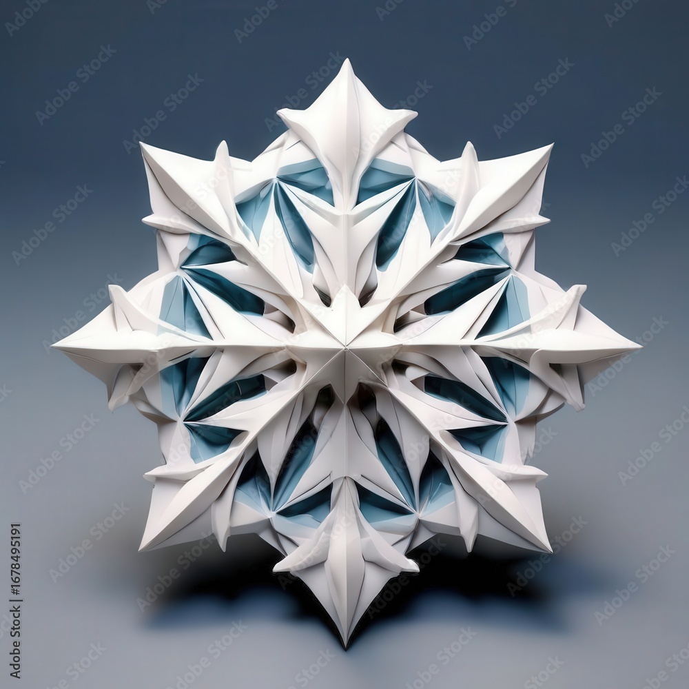 Obraz premium an AI Image Generator, Intricate Origami Snowflake With Blue and White Layers