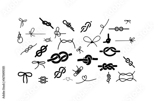 Collection of Various Knots and Bows in Black and White Line Art