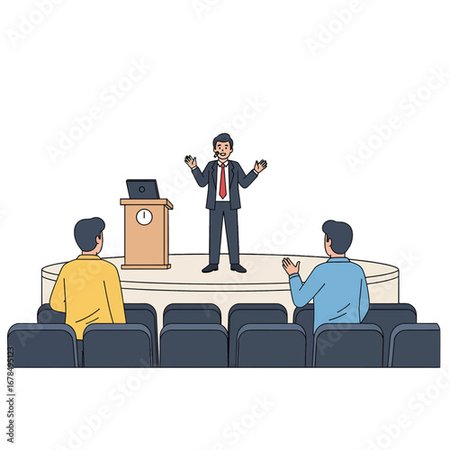 Professional Speaker Delivers Business Presentation to Audience in Auditorium with Blue Seats and Beige Podium