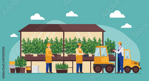 Sustainable greenhouse farming with workers using machinery in flat design