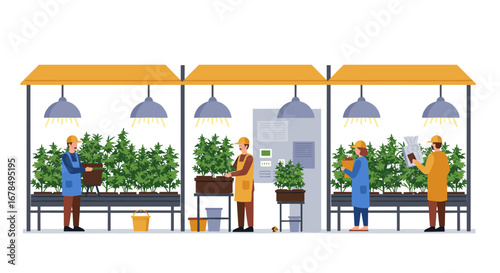 Indoor farming process with workers and plants under grow lights