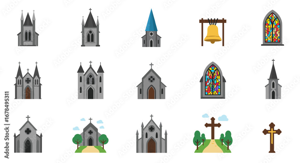 Naklejka premium Flat design of medieval churches and stained glass windows with bell and crosses