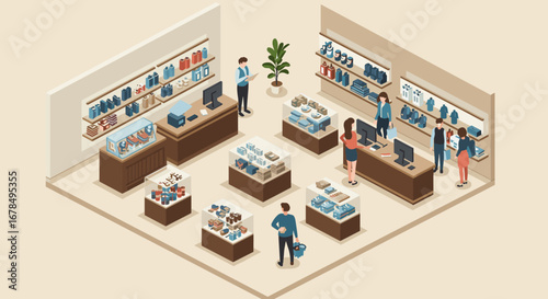 Isometric clothing store interior with customers and cashiers in modern retail setting