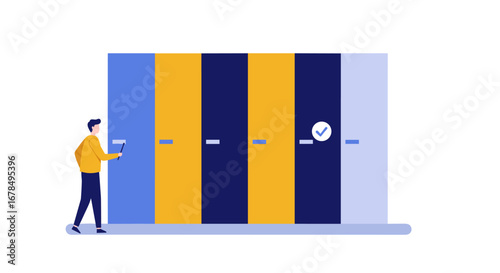 Minimalist data security concept with person and secure server doors