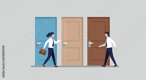 Choosing paths: business people in front of colorful closed doors, decision making concept