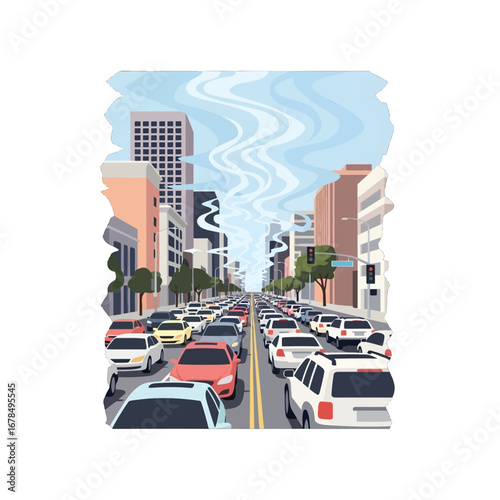 Pixel Art Depicts Dense Vehicle Traffic on City Streets Among Tall Buildings Under a Pale Sky