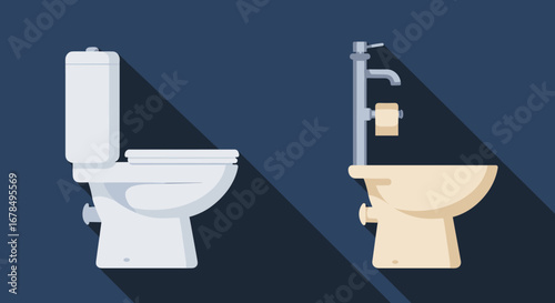Modern flat design bathroom fixtures: toilet and bidet on dark background