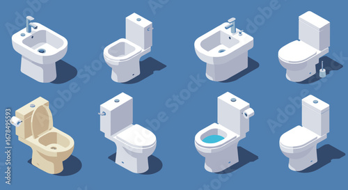 Modern isometric bathroom fixtures collection with various toilet designs