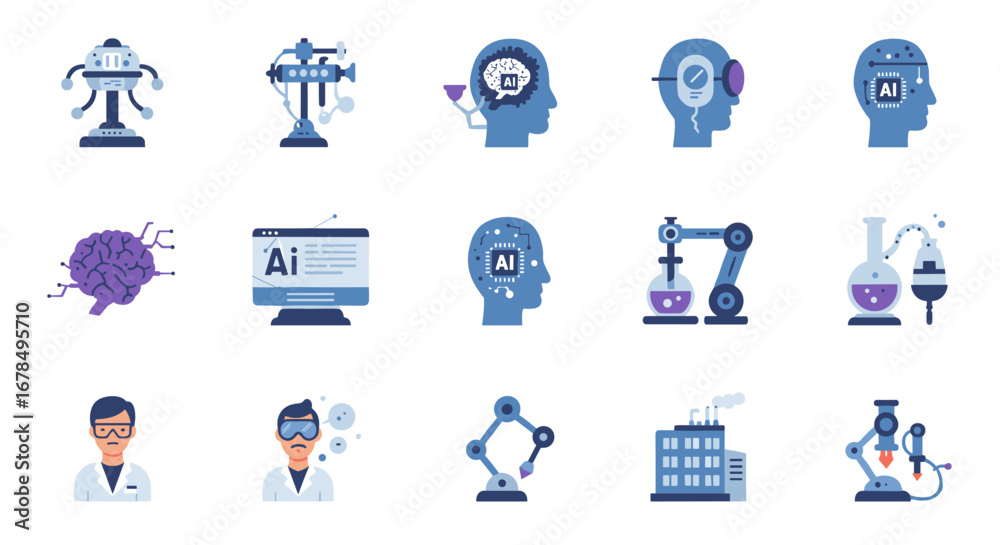Fototapeta premium Artificial intelligence and robotics in modern industry: innovative icon set