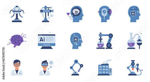 Artificial intelligence and robotics in modern industry: innovative icon set