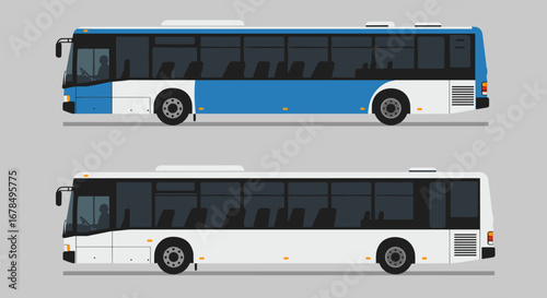 Modern flat design blue and white city bus set on gray background