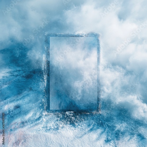 Empty frame in a landscape of icy, cloudy blues