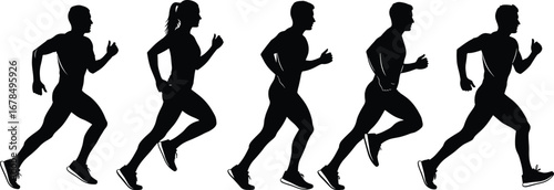 Silhouette runners in motion sequence showing athletic men and women sprinting, jogging, exercising, fitness training, sports competition, marathon race illustration