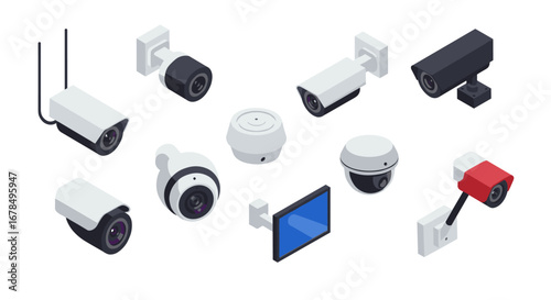 Modern security cameras collection: isometric designs of surveillance equipment