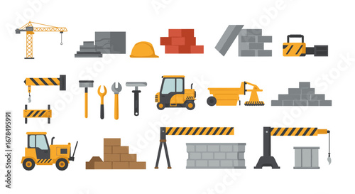 Colorful construction tools and vehicles set for building projects