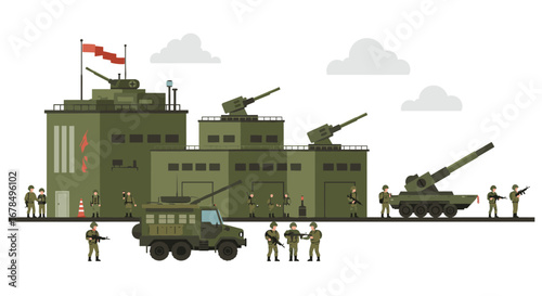 Military base with soldiers and artillery in flat design style