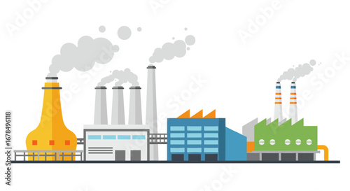 Colorful flat design industrial factory skyline with smoke stacks