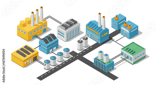 Isometric industrial complex with factories and pipelines