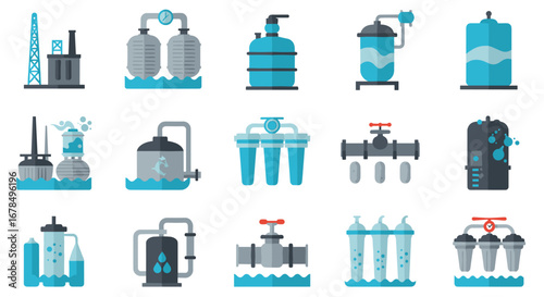 Water treatment plant equipment icons in modern flat style
