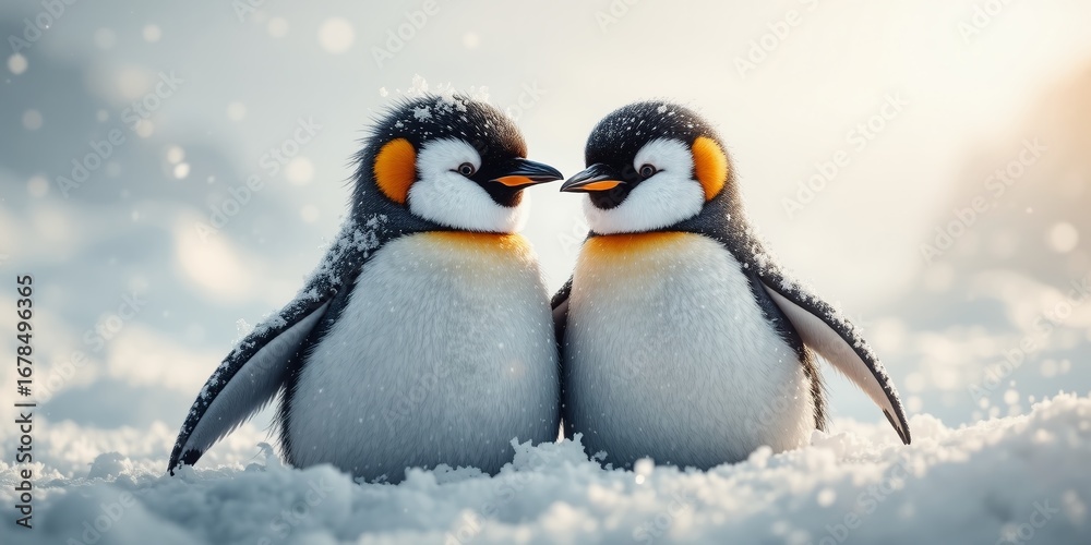 Obraz premium Snowy Embrace: A Cute Penguin Couple in Winter