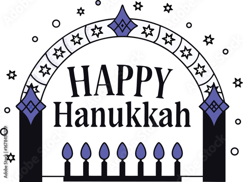 Festive hanukkah illustration with menorah, stars, and happy hanukkah text