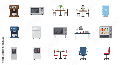 Office kitchen essentials: appliances, furniture, water dispensers, coffee machines, and more in flat style