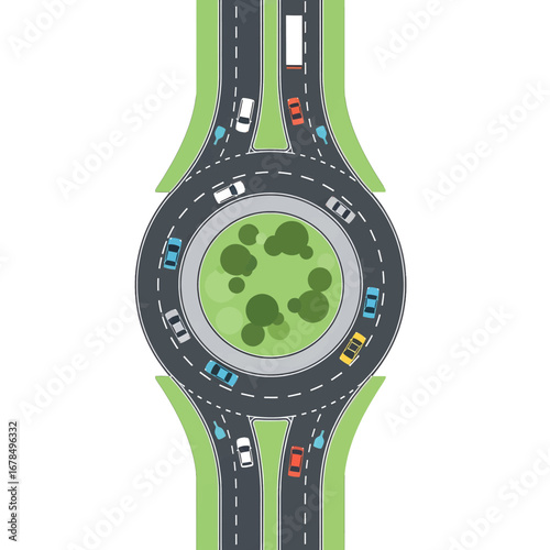 Aerial View of Traffic Roundabout with Cars and Green Center in a City Street Illustrative Design