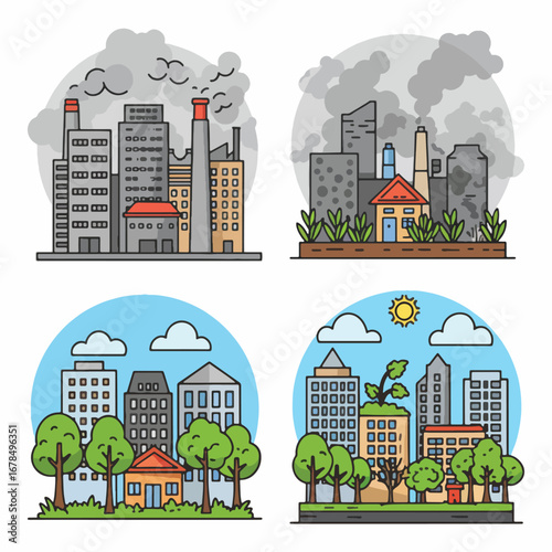 Four illustrations depicting cityscapes with varying levels of pollution and environmental health, showing contrasts between polluted and clean environments.
