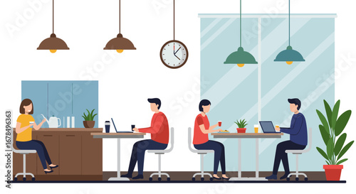 Cozy office cafeteria ambience with people working and socializing in modern flat design