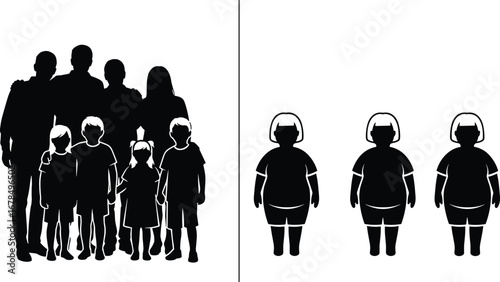 Silhouette group of adults and children with repeated child figures, family community concept, cloning idea, replication, diversity, unity vector illustration