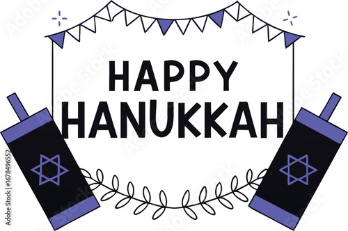 Happy hanukkah greeting card with dreidels and jewish symbols
