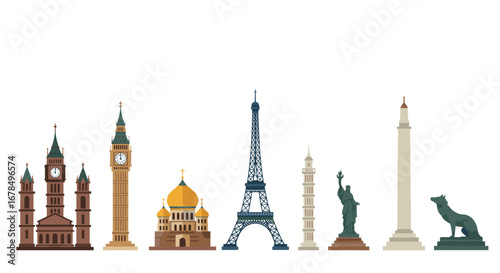 Famous global monuments in flat design with iconic landmarks