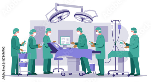 Medical team performing surgery in modern operating room