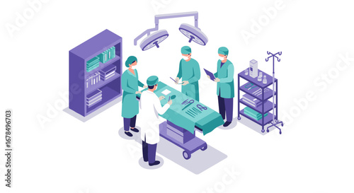 Isometric hospital operating room with medical team and equipment