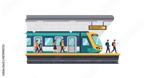 Urban commuters boarding modern train at city station platform