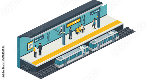 Isometric urban subway platform with passengers and train