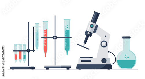 Modern laboratory equipment with microscope and test tubes in flat design