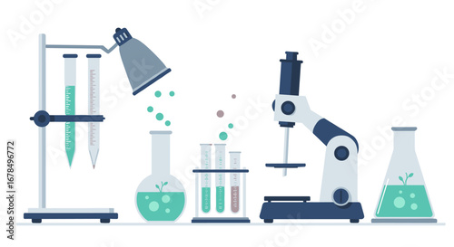 Laboratory equipment and experiments in flat design for science and research concepts