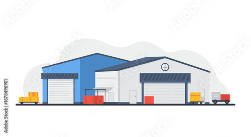 Modern industrial warehouse with loading docks and storage containers in flat design