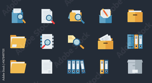 Colorful flat icons of file folders and office documents with magnifying glasses