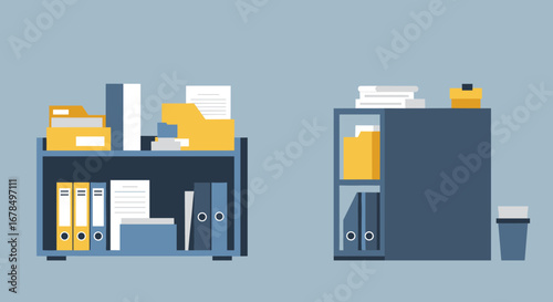 Modern office storage solutions: stylish shelving units with documents and supplies
