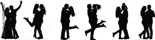 Romantic couple silhouette poses collection with love, dance, kiss, hug, embrace, passion, relationship, romance, happiness, and affectionate vector art