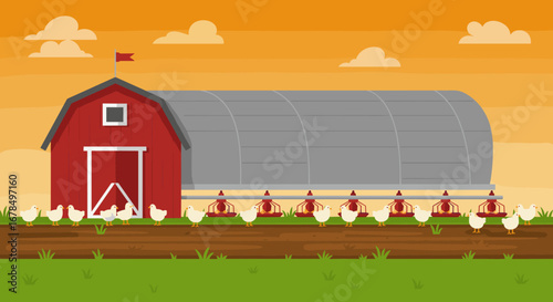 Rural farm with chickens and barn against an orange sky