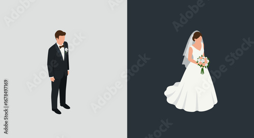 Isometric bride and groom wedding concept with elegant attire on gray background